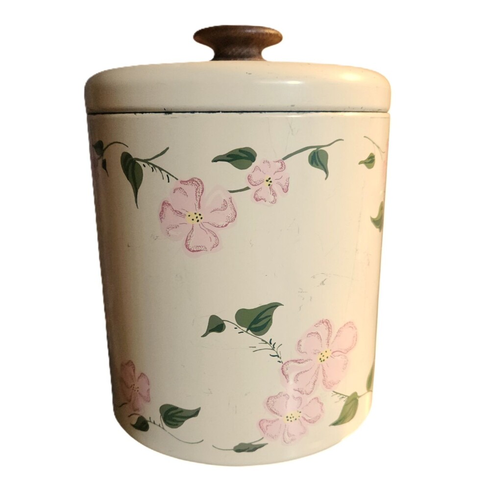Vintage Ransburg Metal Canister Beige w/ Pink Flowers Wood Knob -Rare
